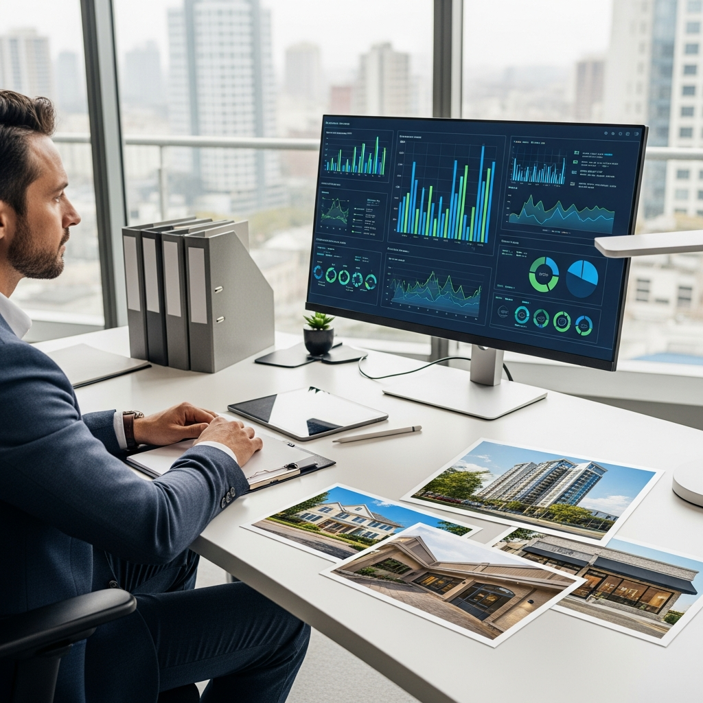 A professional, high-resolution image of a real estate broker analyzing visual charts and graphs on a large monitor in a modern office, surrounded by client folders and printed photographs of properties, visually representing a data-driven decision-making environment. The workspace is clean, bright, and high-tech. Completely text-free, no visible words or writing.