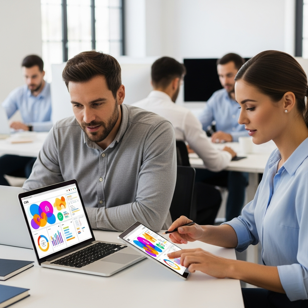 A photo-realistic image of two property managers using a CRM system on a laptop and a tablet at a shared workspace, with other team members visible in the background engaged in focused tasks. The scene communicates seamless collaboration and workflow automation in the property management context. No screens or documents have any readable words or writing—completely text-free.
