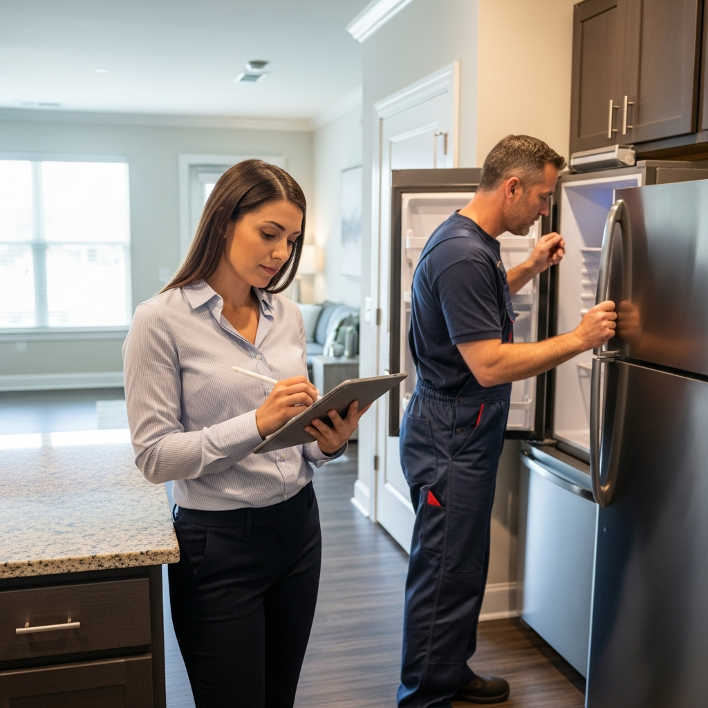 A high-quality photograph illustrating an onsite property management walkthrough: a property manager inspects an apartment unit, noting details on a tablet, while a maintenance technician examines appliances. The environment is a well-maintained residential unit, with focus on operational details like condition checks and facility assessments. Completely text-free, no visible words or writing.