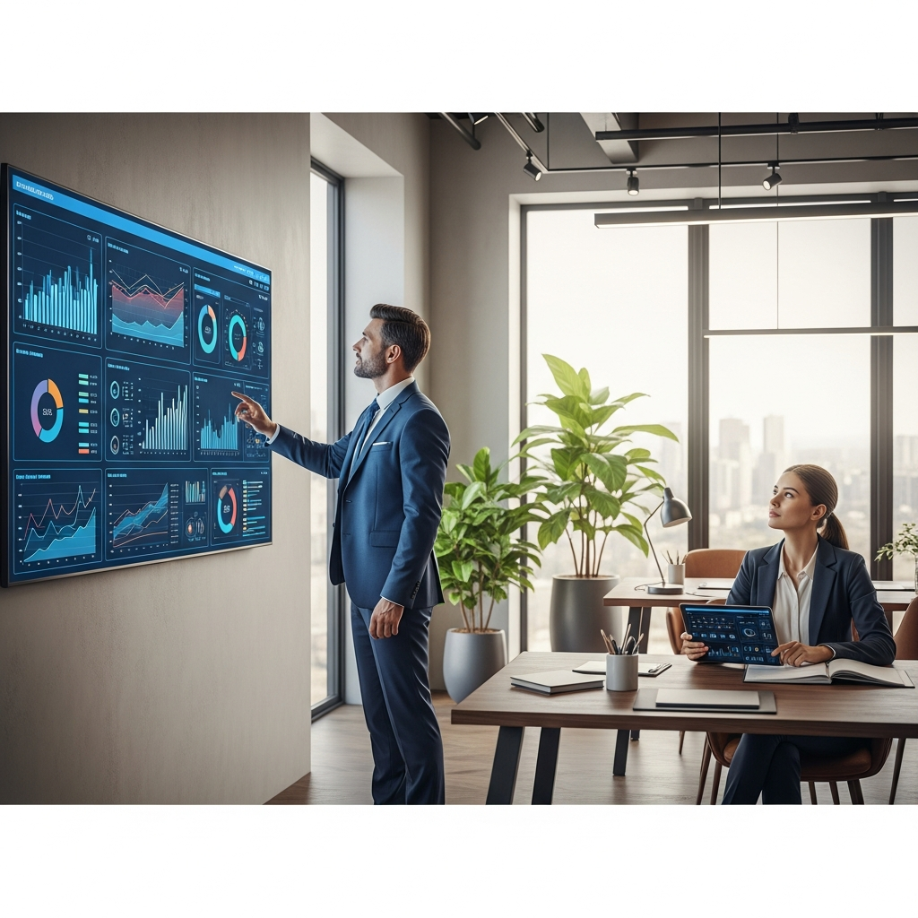 A realistic, professional scene in a broker’s office showing a real estate broker reviewing detailed analytics displayed visually on a large wall-mounted digital dashboard (with only charts and graphs, no readable text or numbers) alongside a team member referencing property files and market data. Emphasize data-rich operations, digital tools, and decision-making in a contemporary workspace. Completely text-free, no visible words or writing.
