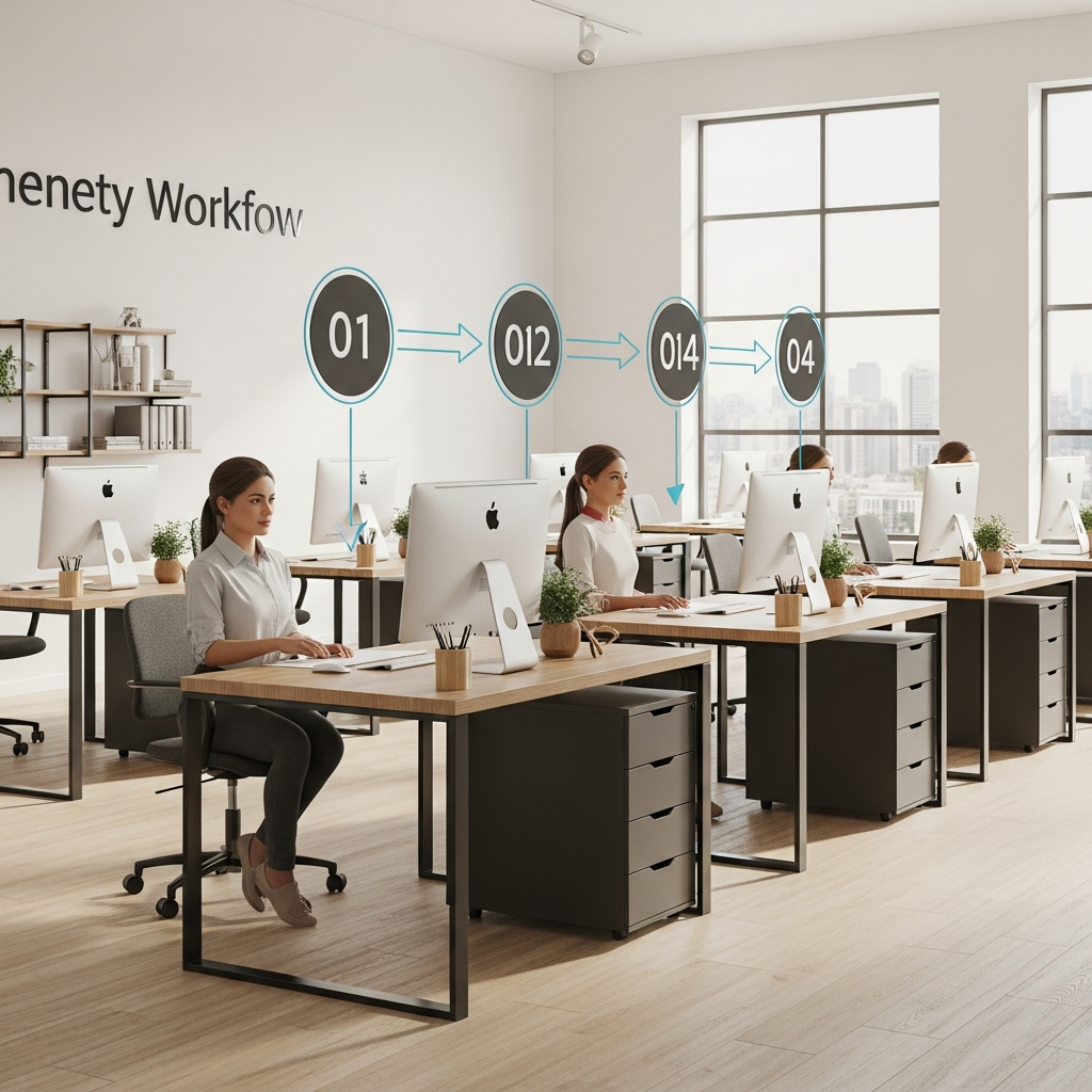 A clean, modern image depicting an automated workflow in a property management setting: a series of staged desks, each representing a workflow step (e.g. maintenance request, lease approval, tenant onboarding). Each desk features recognizable real estate items like keys, blueprints, and property inspection checklists (no readable text), equipment like tablets or digital devices, and staff members collaborating efficiently. Completely text-free, no visible words or writing.