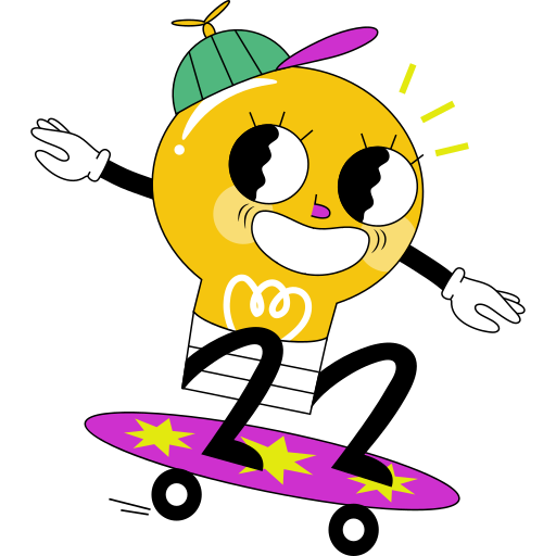 Cartoon lightbulb character wearing a green propeller hat, smiling and riding a purple skateboard with yellow stars.