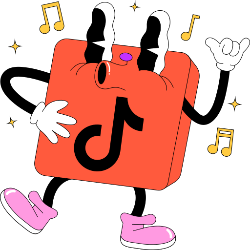 Animated red square character with the TikTok logo, showing crying eyes, white gloves, and pink shoes, surrounded by musical notes.