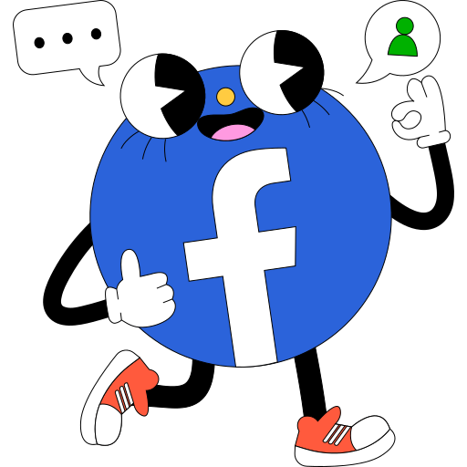 Cartoon character with a blue circle body featuring a white Facebook logo, expressive eyes, and wearing red sneakers, showing thumbs up and speech bubbles with chat and user icons.