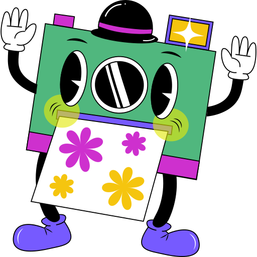 Cartoon green camera with eyes, hands, purple shoes, and a photo featuring yellow and purple flowers.