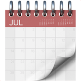Spiral-bound calendar page showing the month of July with curled bottom right corner.