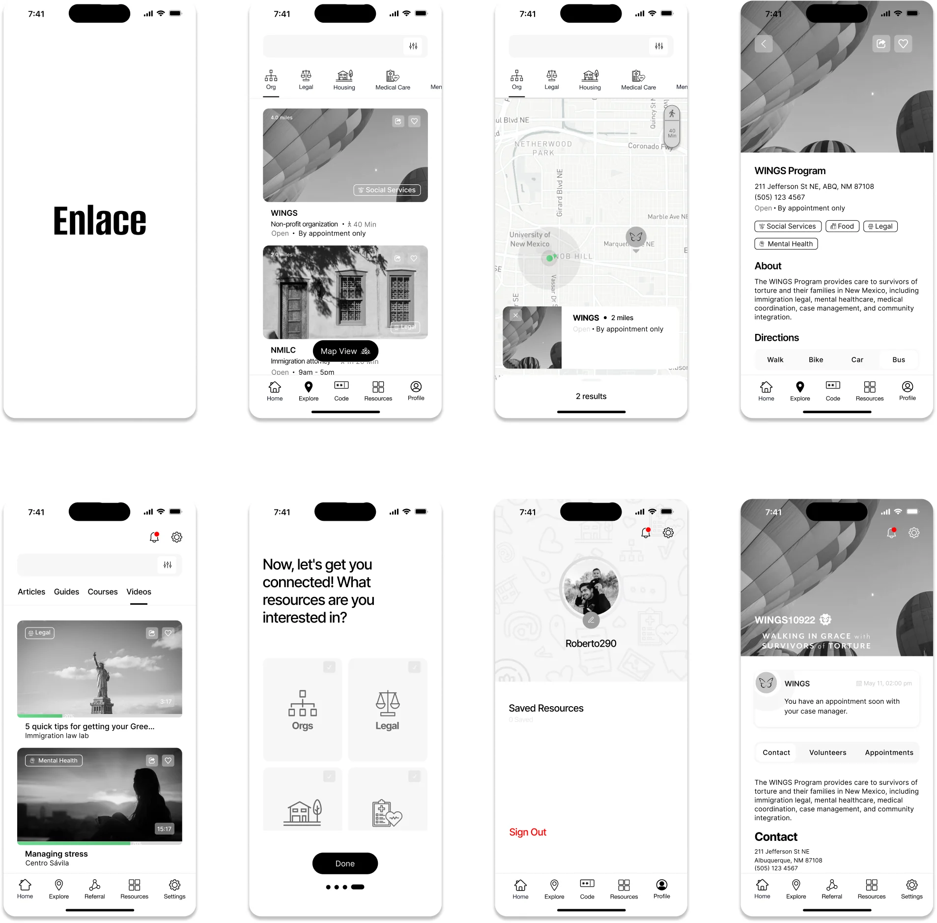 Low to mid fidelity screens of the Enlace app