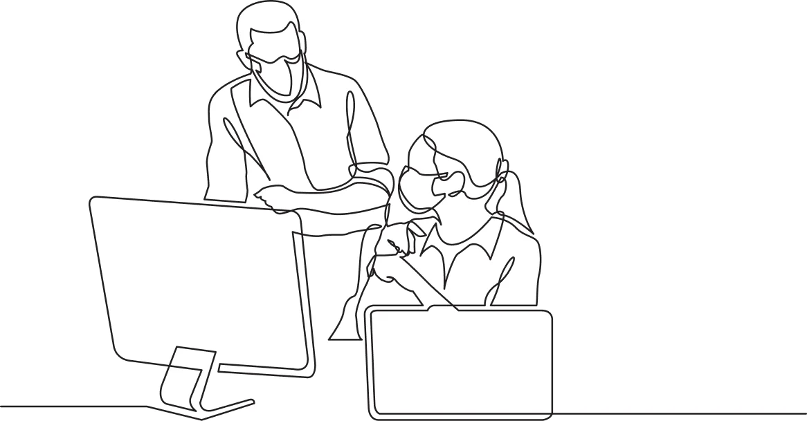 Line illustration of two people reviewing a phone