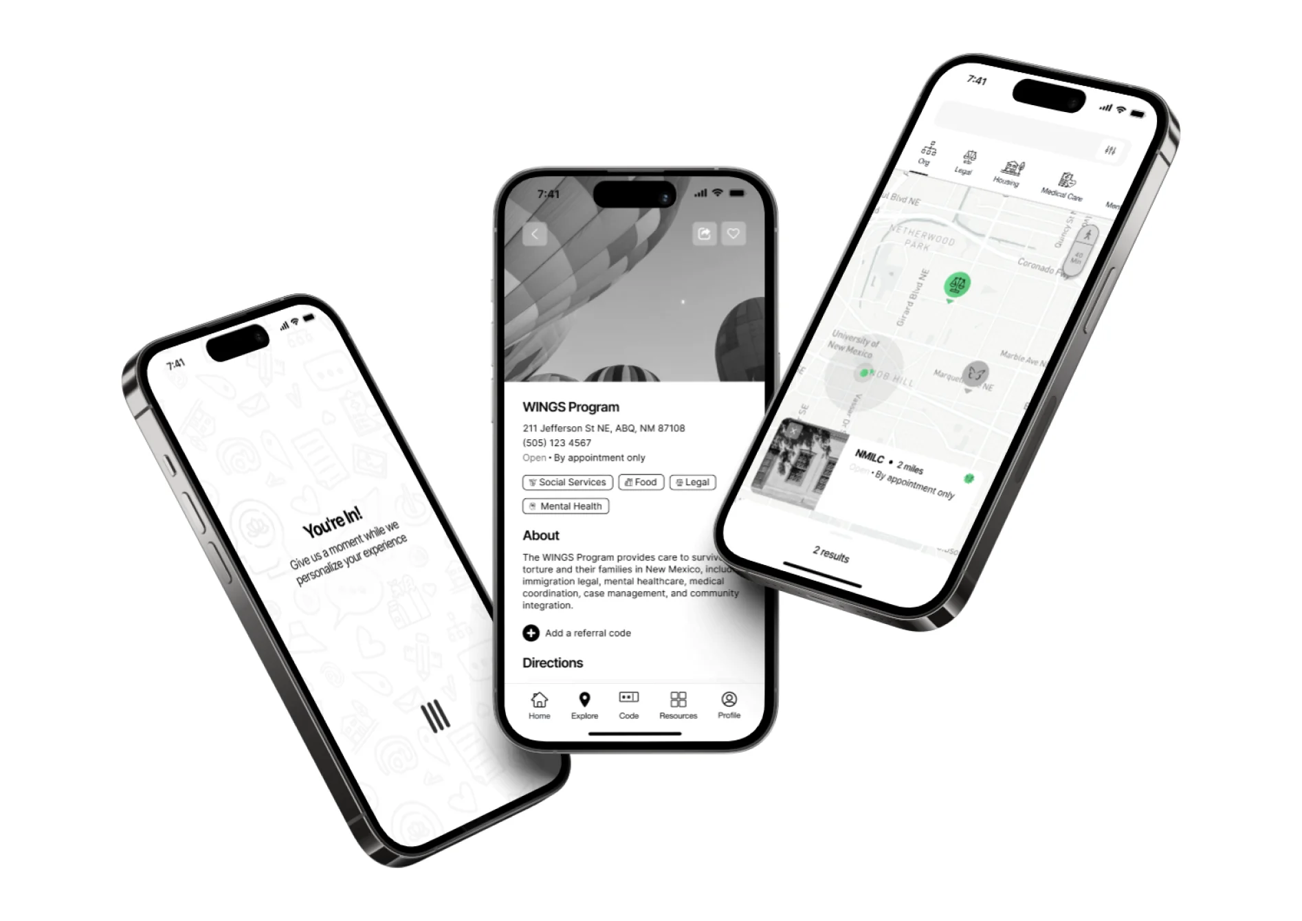 Low-mid fidelity Enlace prototype shown on three phones