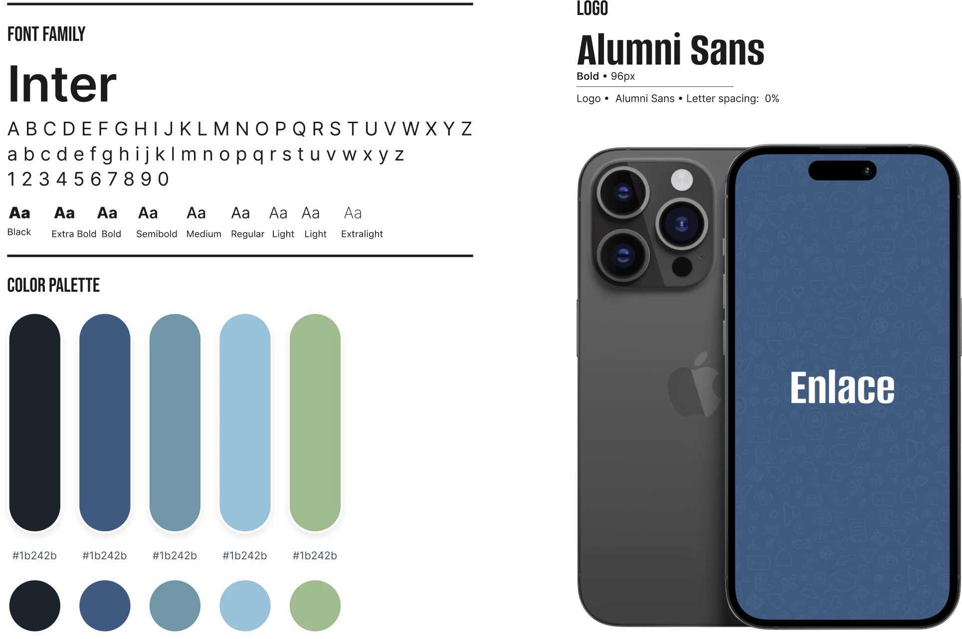Enlace design system: Inter font family, color palette, and the Alumni Sans logo