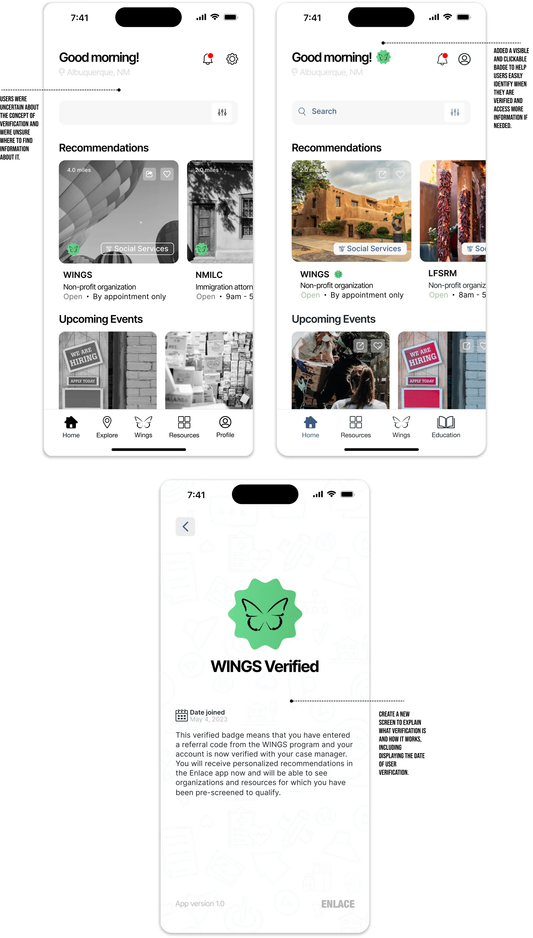 Finding 4 before and after: a visible, clickable verified badge and a new screen explaining verification
