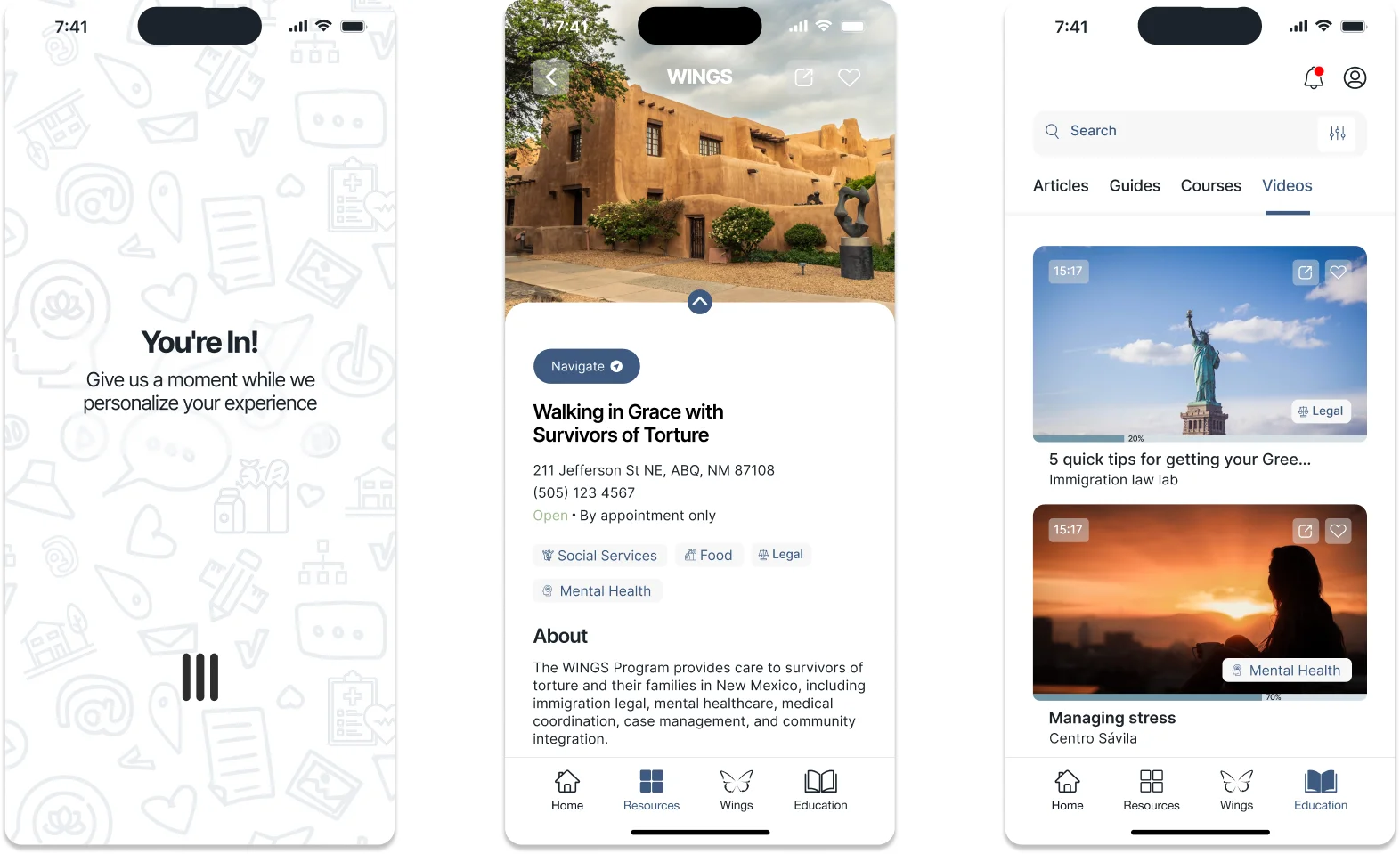 High fidelity Enlace screens: onboarding and the WINGS profile