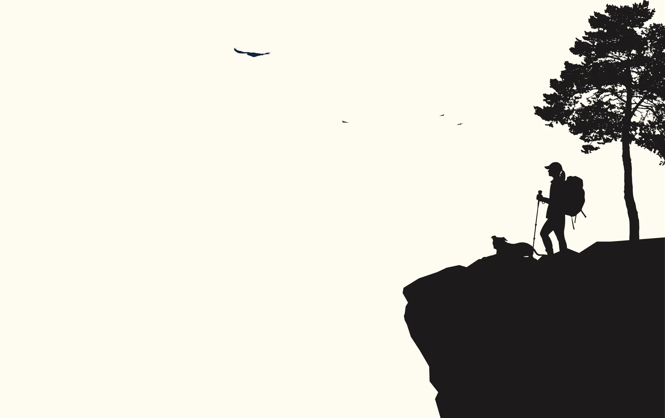 Silhouette of a hiker and dog on a cliff edge under a tree