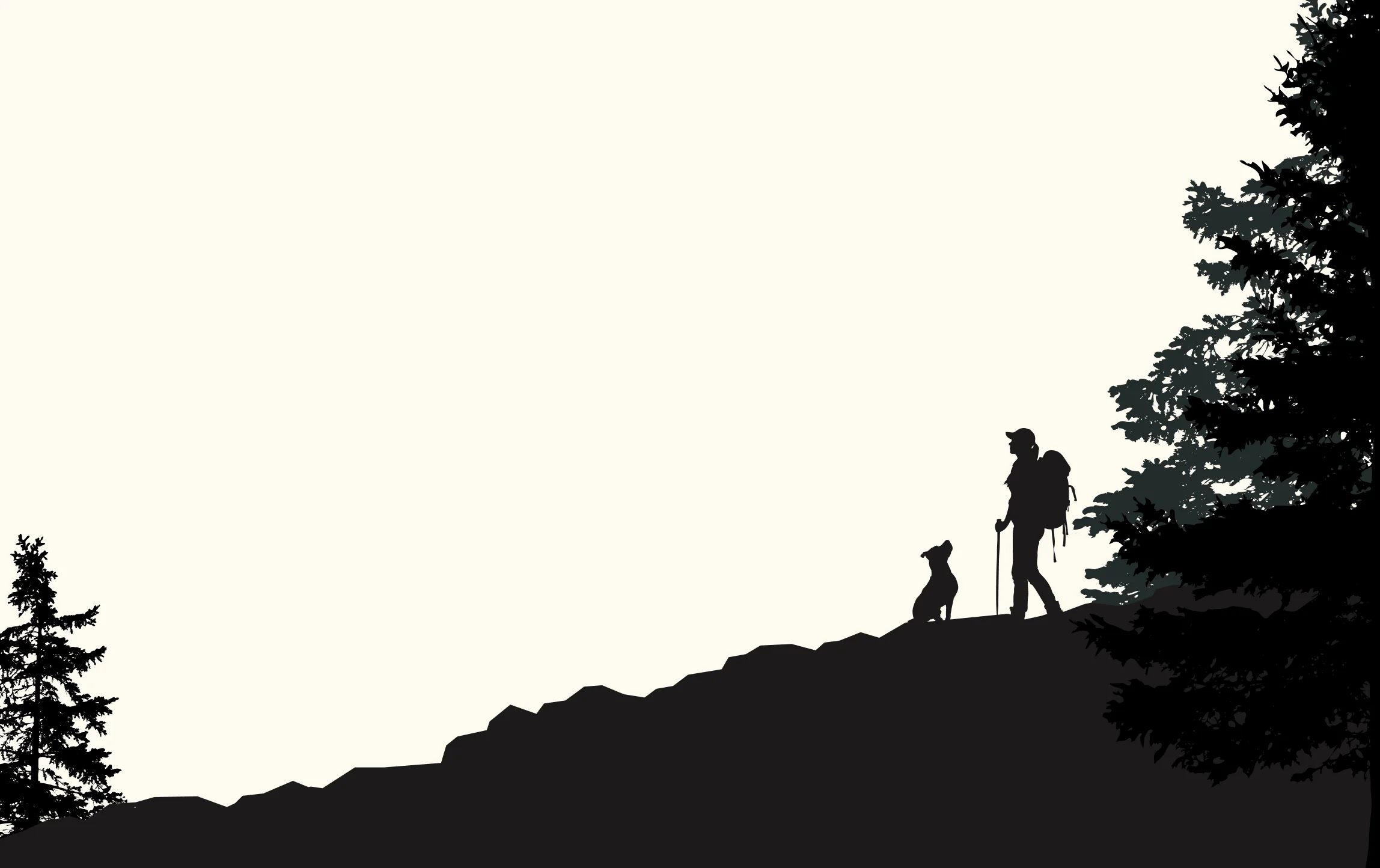 Silhouette of a hiker and dog on a ridge between pine trees