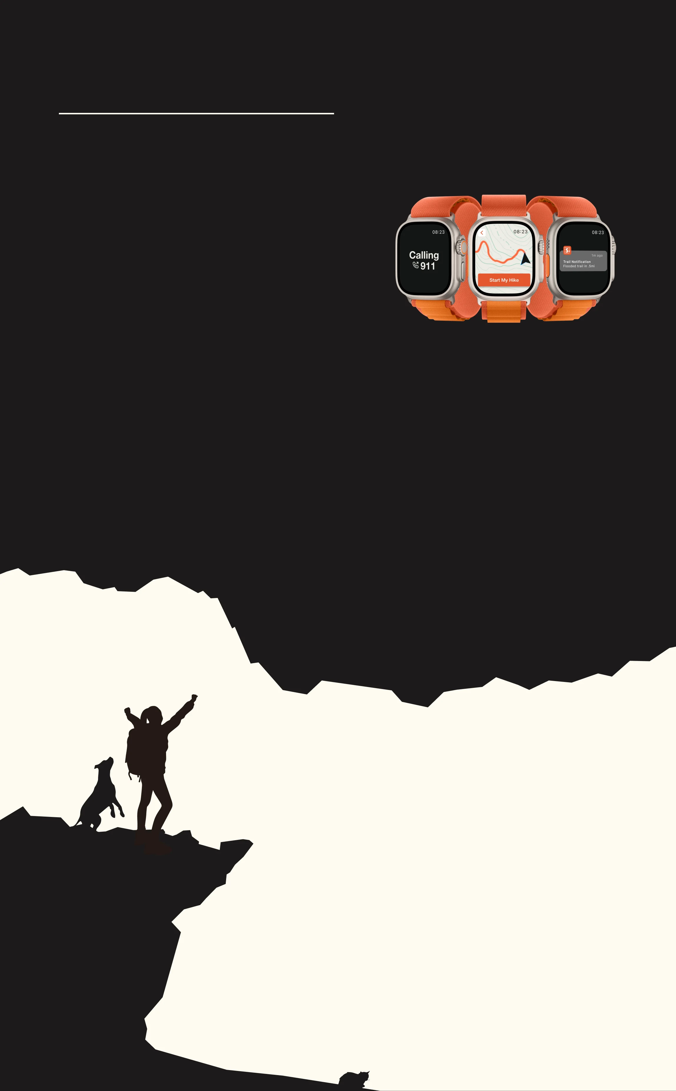 Scout on Apple Watch and a silhouette of a hiker and dog celebrating on a summit