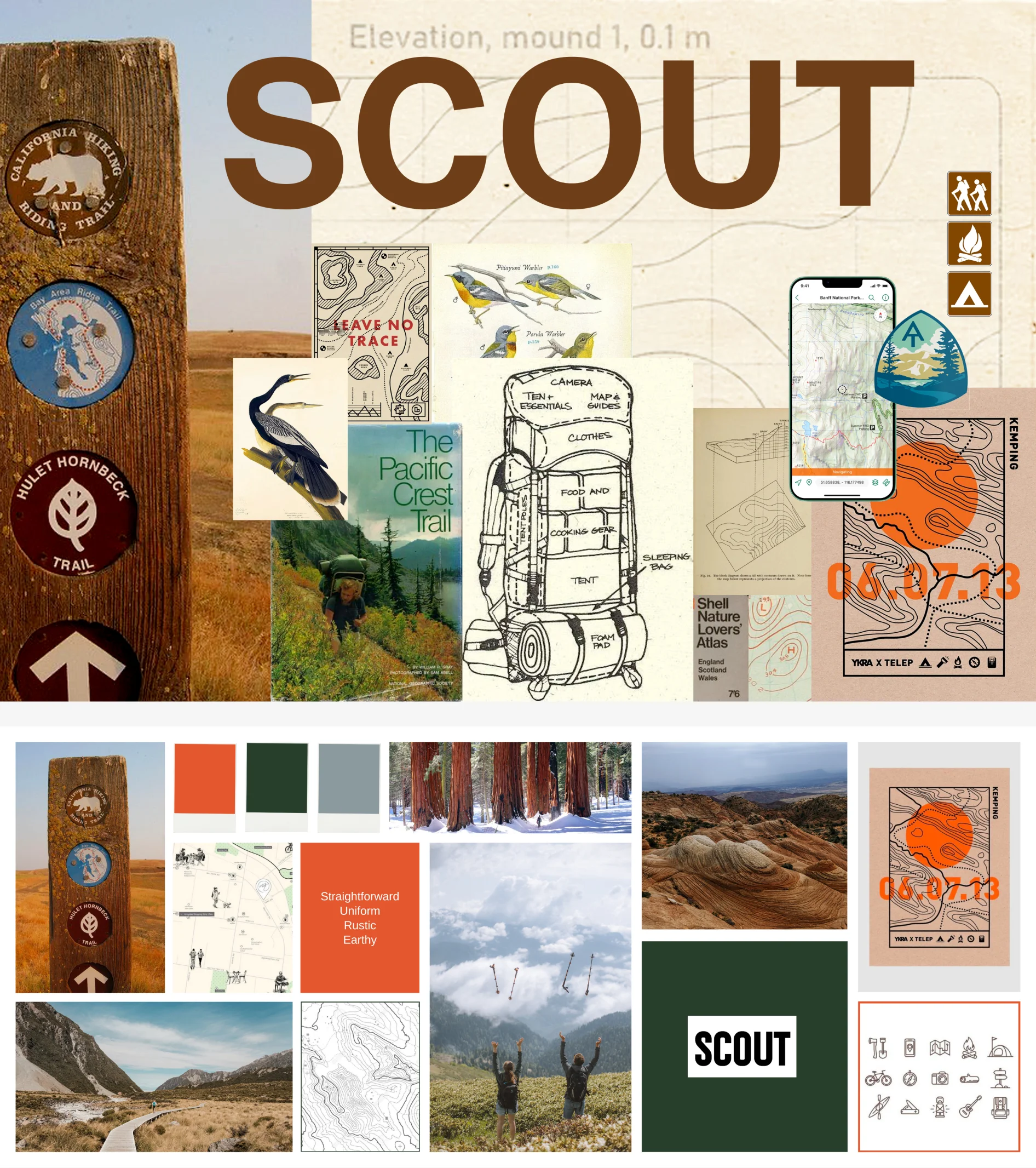 SCOUT mood board with trail signs, maps, gear and outdoor photography