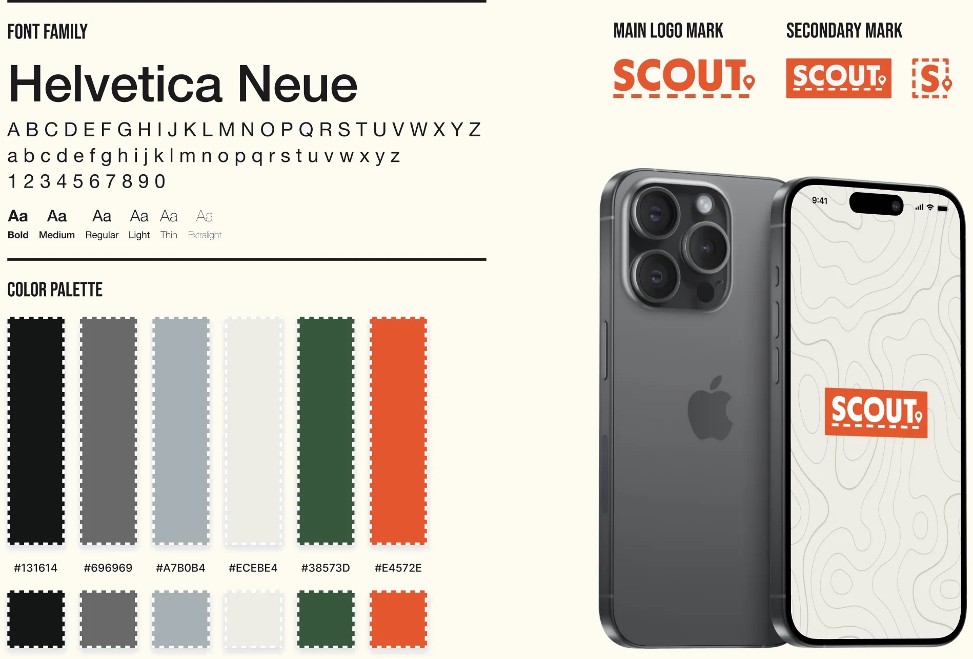 SCOUT visual design: Helvetica Neue type, color palette, logo marks and app splash screen
