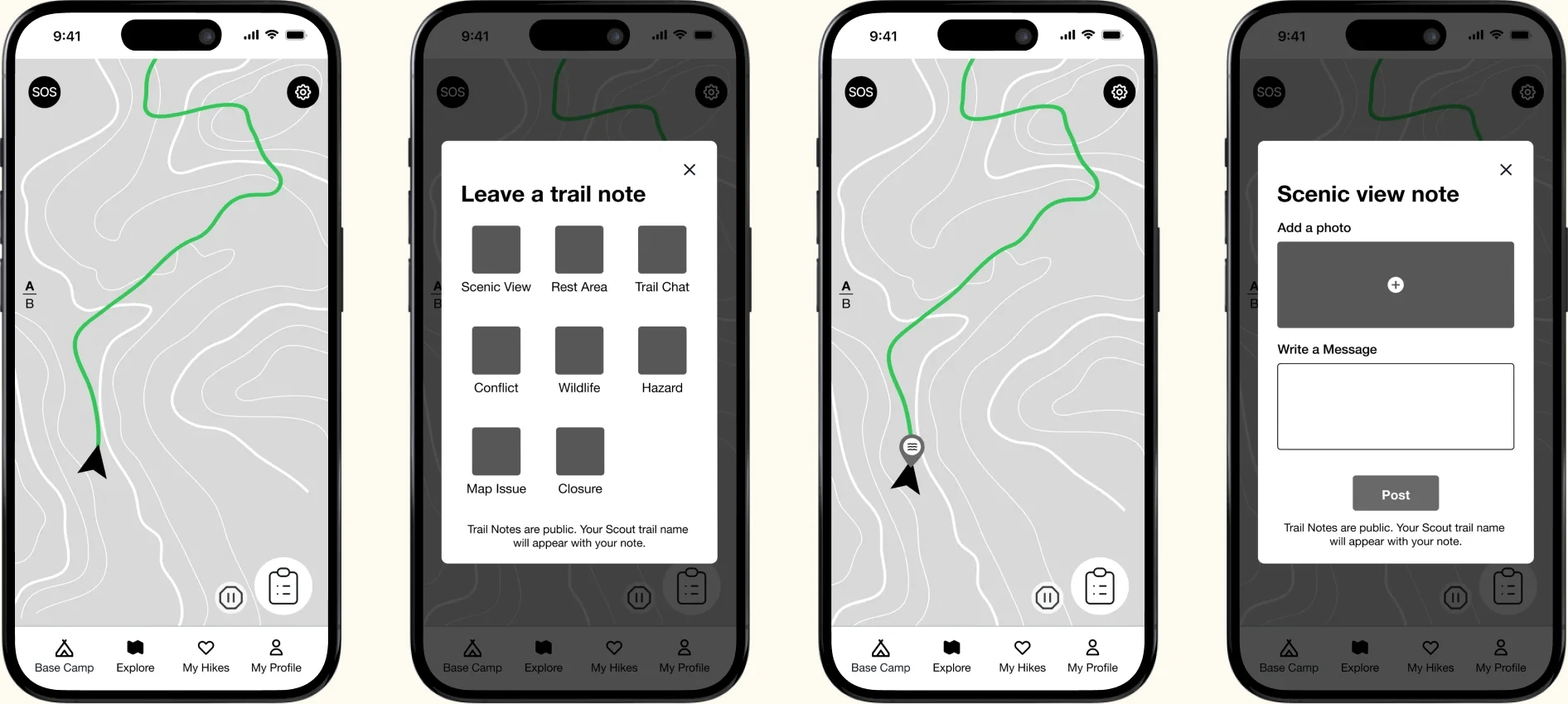 Option A prototype screens: leaving a trail note
