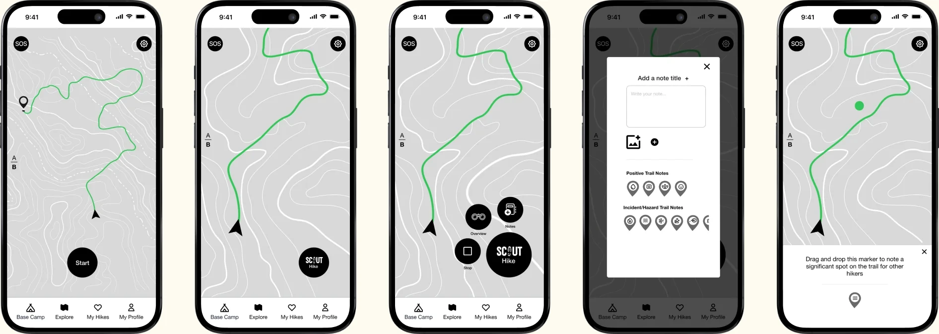 Option B prototype screens: leaving a trail note