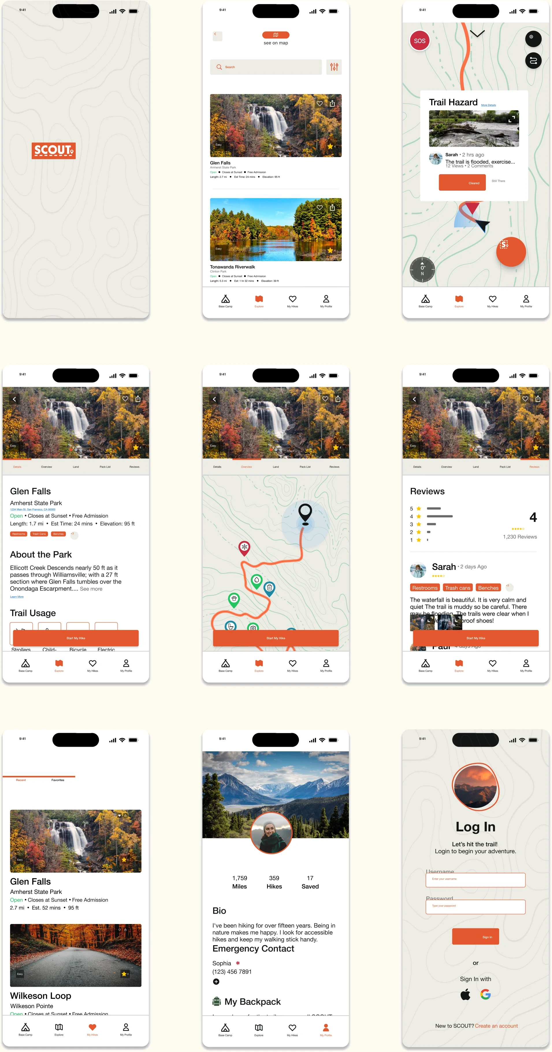 Nine high-fidelity SCOUT app screens