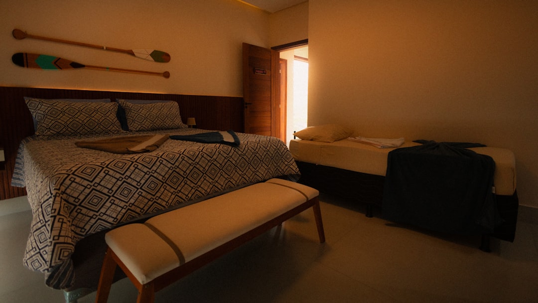 Bedroom with two beds and decorative paddles.