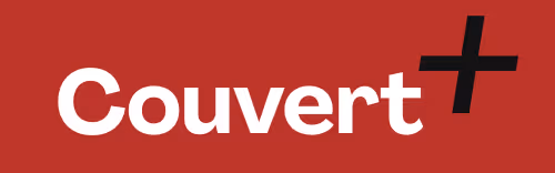 Texte blanc « Couvert » suivi d'un signe plus noir sur fond rouge.