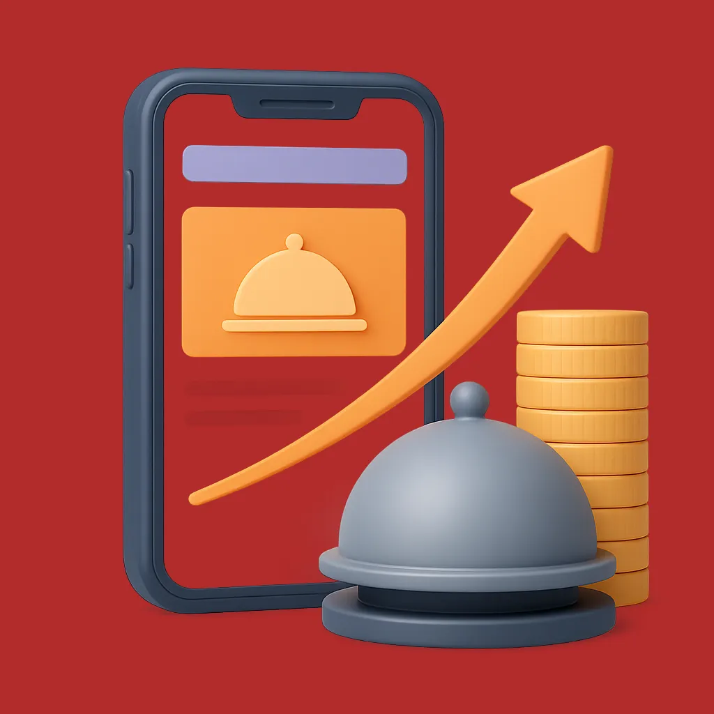Illustration 3D d'un smartphone avec une icône représentant un service de restauration, une cloche de service, des pièces empilées et une flèche vers le haut symbolisant la croissance.