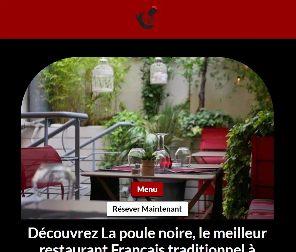 Photo d'un model de site créé par couvert+. De couleur noir et rouge. Montrant la terrasse d'un restaurant 