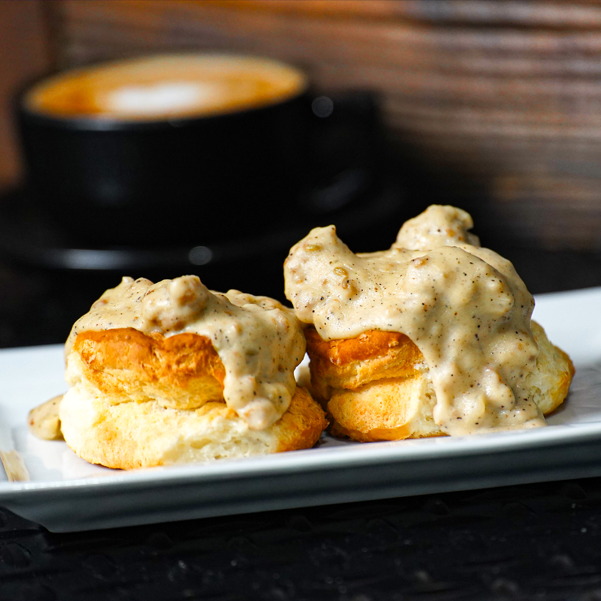 Southern Style Biscuit Covered with Homemade Country style Sausage Gravy.