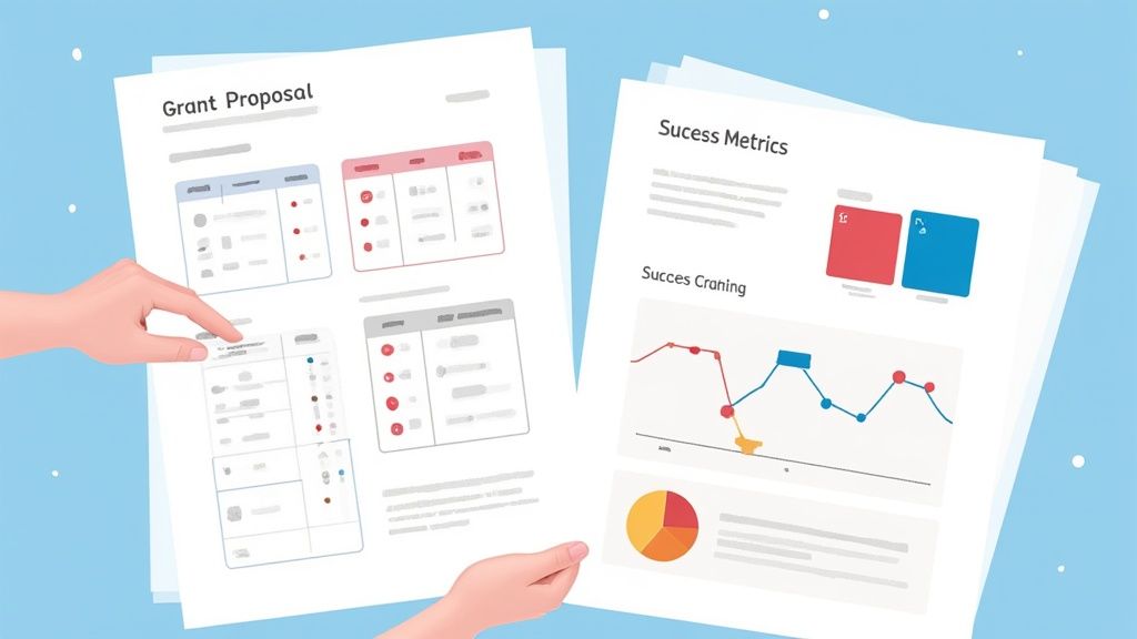 A person carefully writing a grant proposal at a desk, surrounded by notes and a laptop.