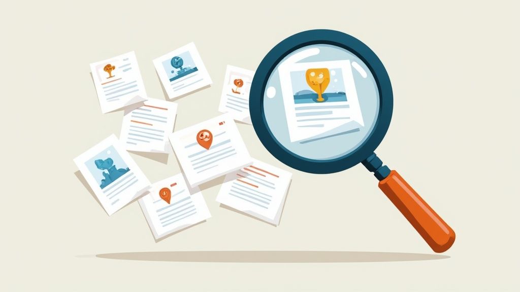 A person using a laptop with a magnifying glass icon, searching through a database of grants.