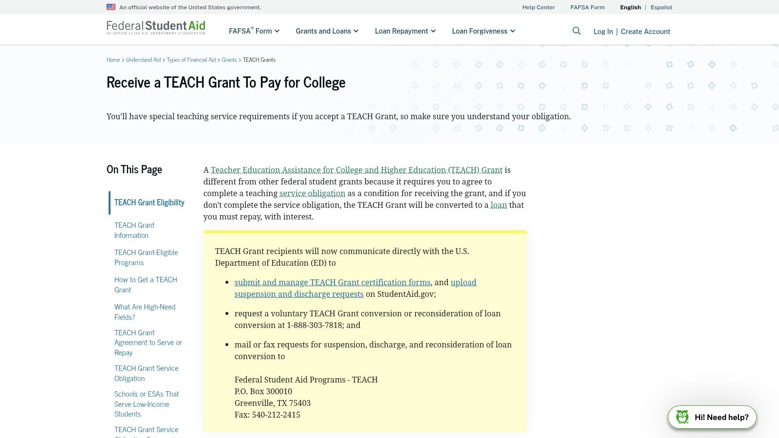 TEACH Grant (Federal Student Aid)