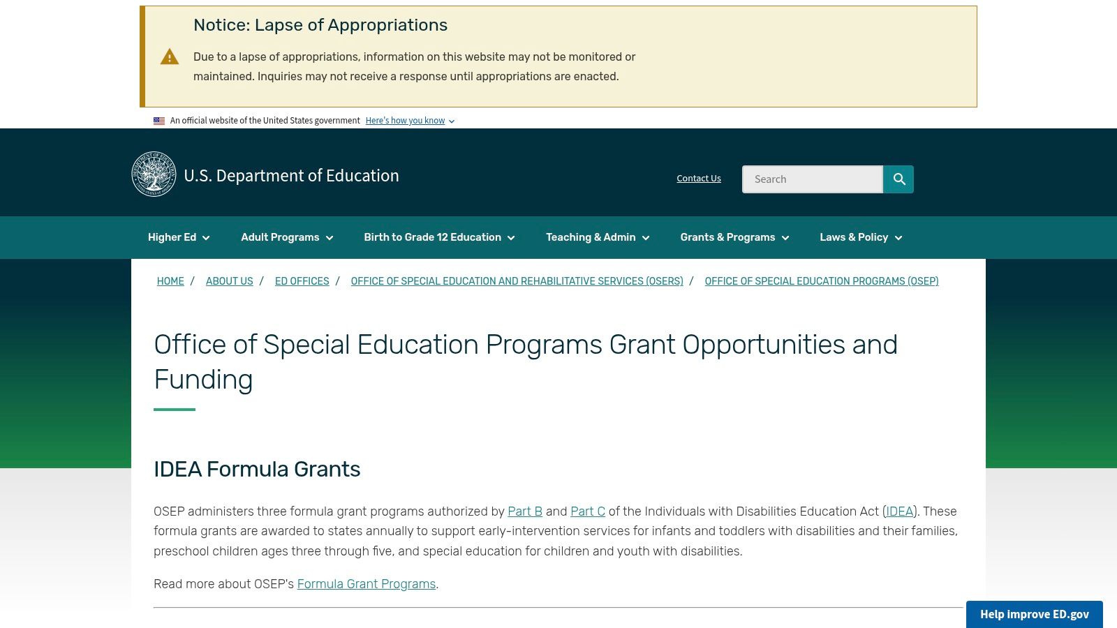 U.S. Department of Education – OSERS/OSEP Grant Opportunities