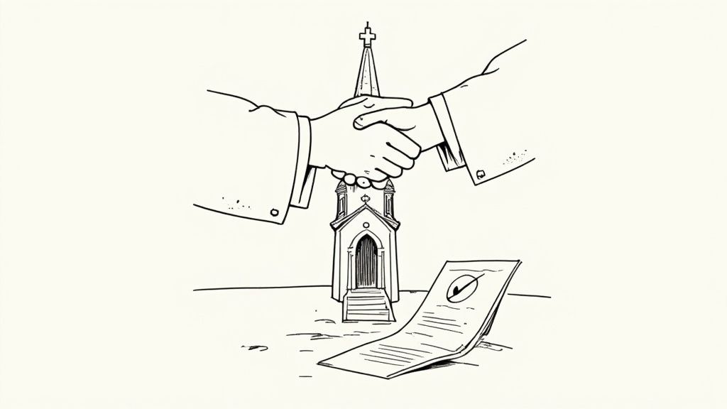 Two people shaking hands across a table, symbolizing a successful partnership and the importance of maintaining good funder relationships.