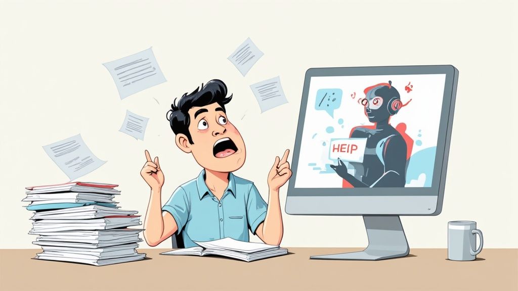 A person working on a grant proposal at a desk, with digital AI elements overlaid to show assistance.