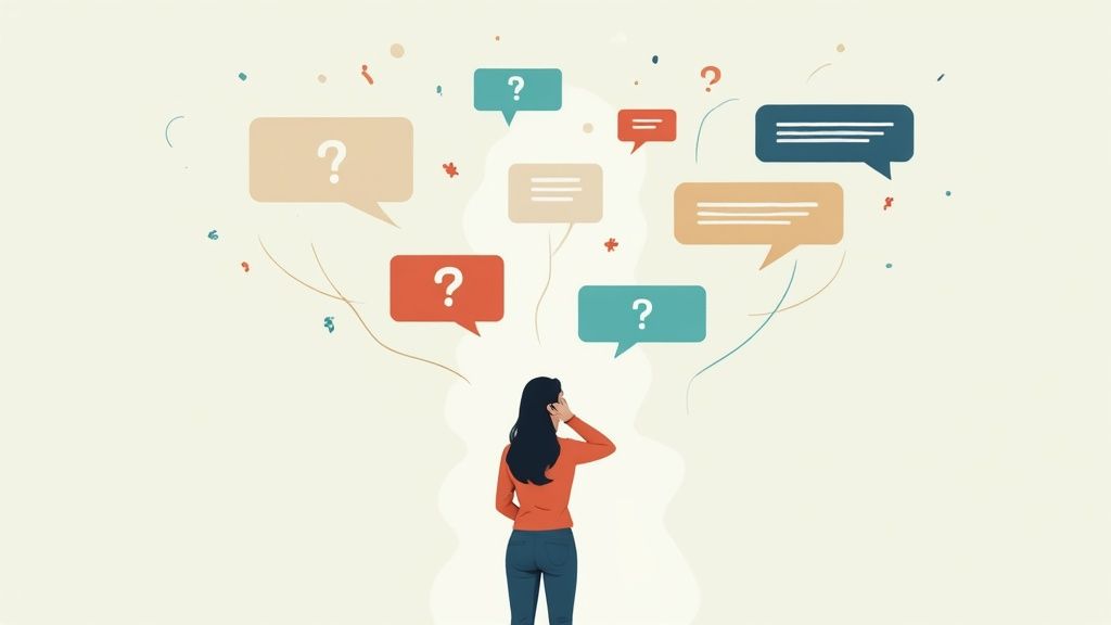 A person looking at a screen with question marks, symbolizing common queries about AI.