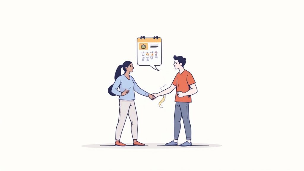 A nonprofit leader and a foundation program officer shaking hands in a bright, modern office.