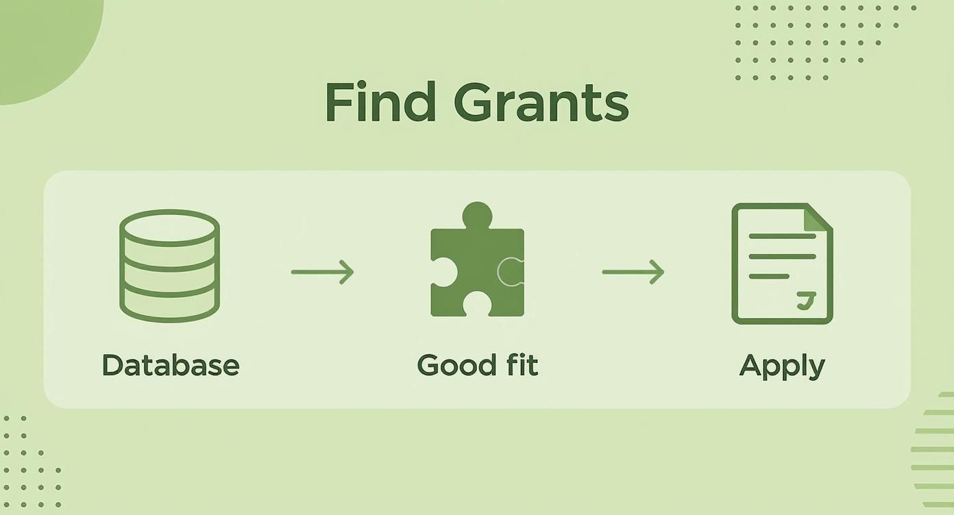 An infographic showing a decision tree for finding and qualifying nonprofit grants, starting with a database, checking for a good fit, and deciding whether to apply.