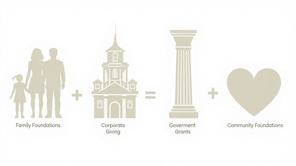 Four diverse puzzle pieces connecting, symbolizing different types of grant funding coming together.