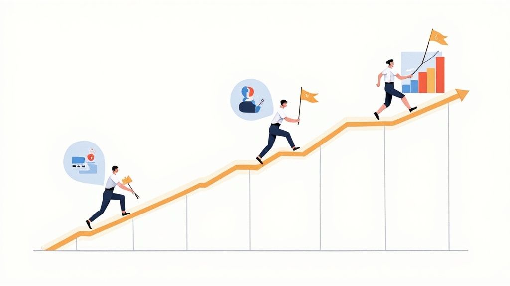 A diverse team of nonprofit professionals is gathered around a large monitor, looking engaged and positive as one person points to a dashboard on the screen, indicating a successful software implementation.