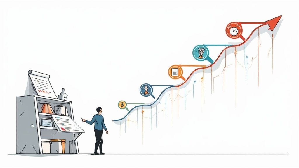 A group of diverse nonprofit team members collaborating around a table, reviewing a well-structured fundraising plan on a laptop and printed documents.