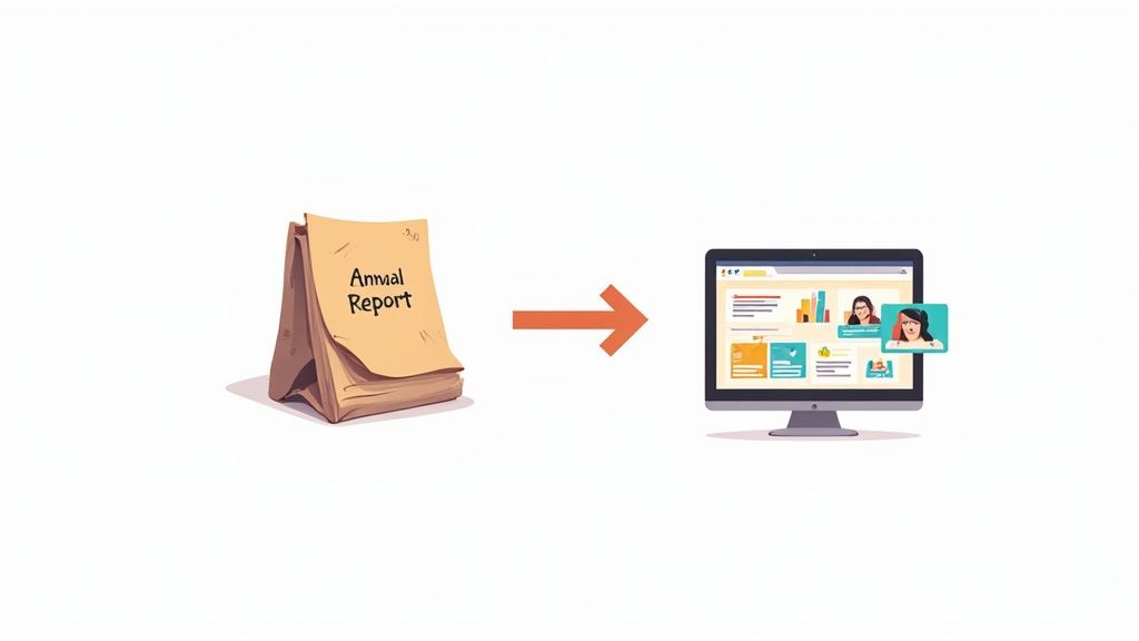 A person pointing to a colorful chart on a wall, symbolizing a modern nonprofit annual report.