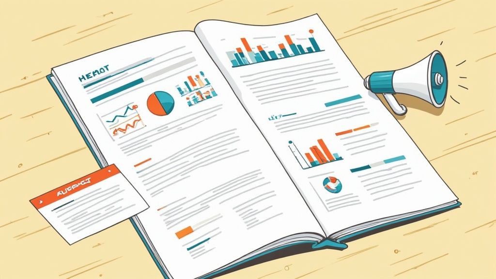 A person presenting a report with charts and graphs to a small group in a bright, modern office.