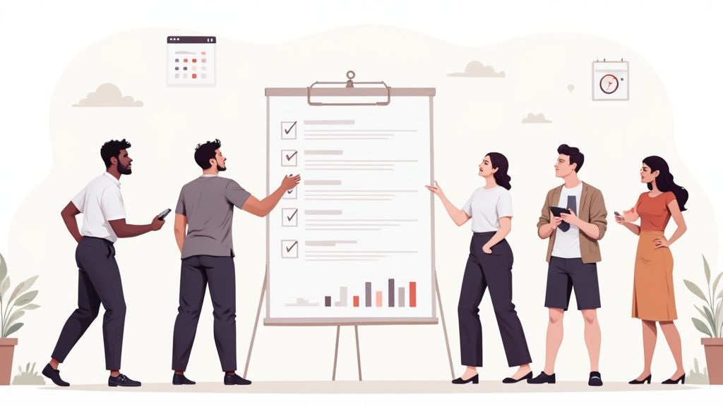 A diverse team of nonprofit workers collaborating around a table, looking engaged and motivated.