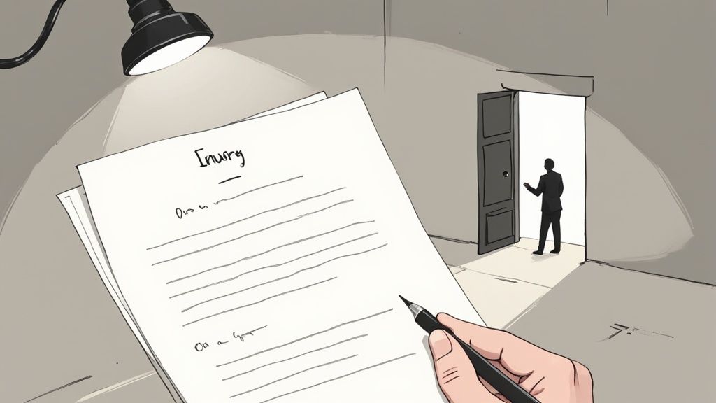 A person writing a letter of inquiry at a desk, focused and determined