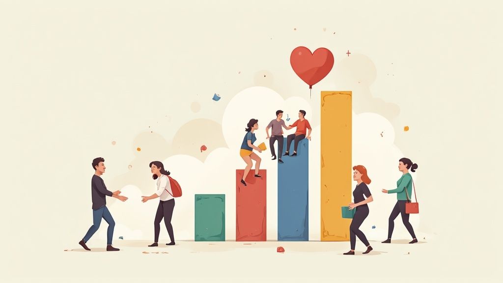 A bar graph overlaid with a photo of a community event, showing the blend of data and human stories.