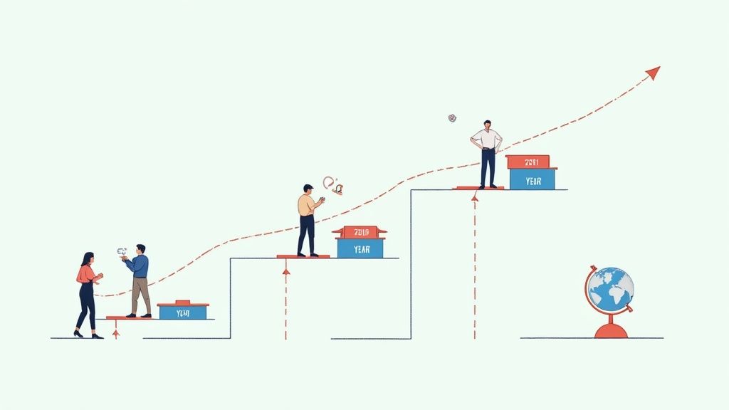 A team collaborating around a table with laptops and documents, planning a complex project.