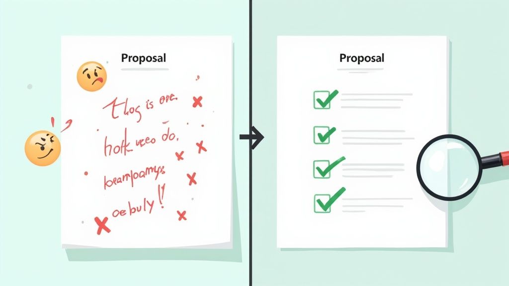 A group of professionals gathered around a table, asking questions and collaborating on a document.