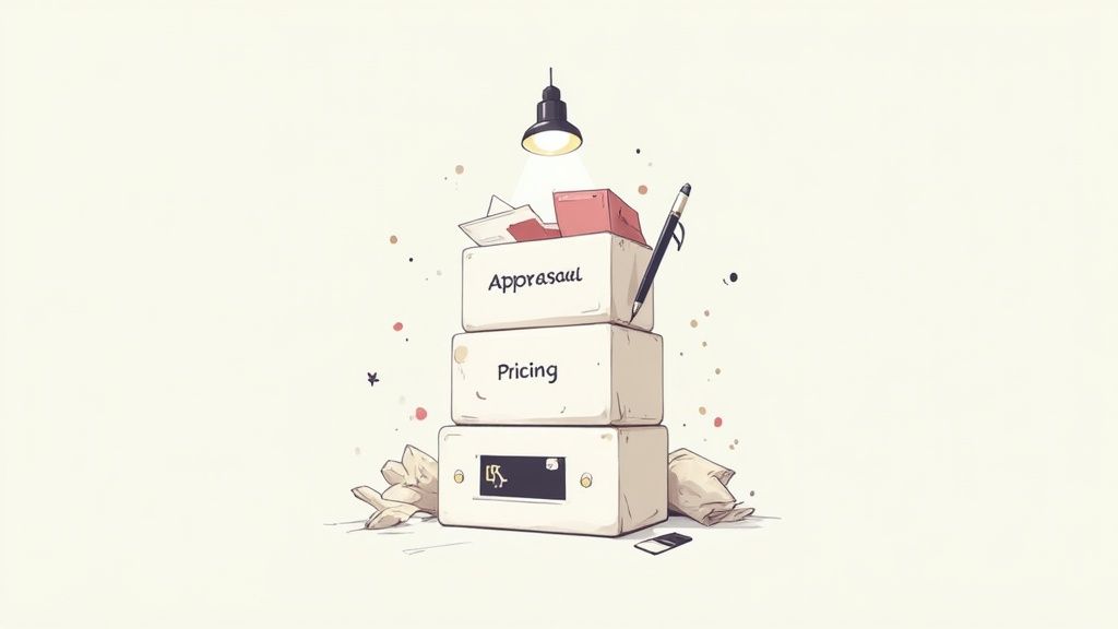 A modern office setting with people collaborating around a screen showing data analytics