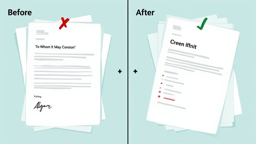 A red 'X' mark drawn over a generic, poorly written cover letter, symbolizing the mistakes that grant seekers should avoid.